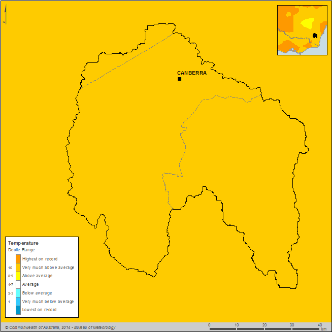 Figure C6 Annual mean temperature deciles for the Canberra region during the 2013–14 year