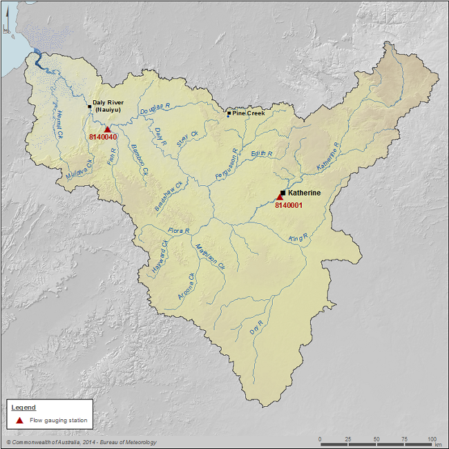 Figure P5 Gauging stations along the Katherine and Daly rivers within the Daly region