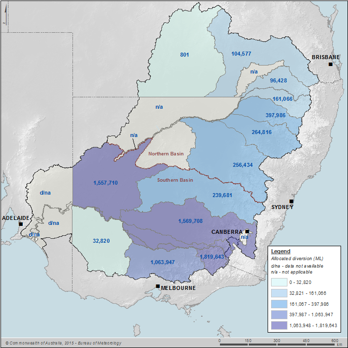 Figure 17 Entitled diversion of allocated surface water volume to users by water resource plan area for surface water on 30 June 2014