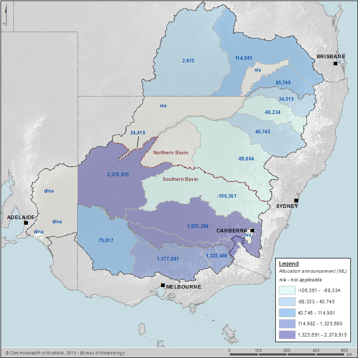 Figure 21 Surface water allocation announcements (excluding urban water supply) by water resource plan area for surface water on 30 June 2014