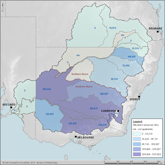 Figure 12 Surface water allocation carryover for entitlement class (excluding urban water supply) by water resource plan area for surface water on 30 June 2014