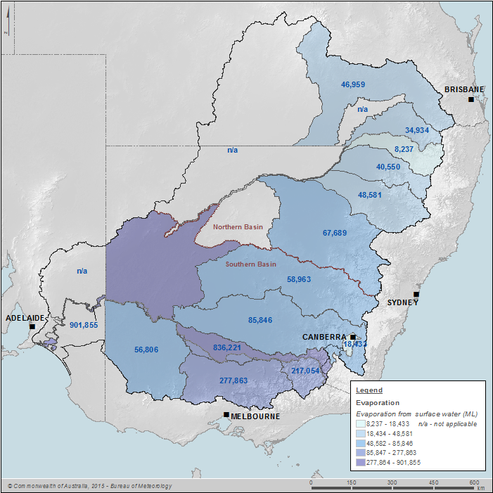 Figure 16 Evaporation from surface water assets by Surface water resource plan area on 30 June 2014