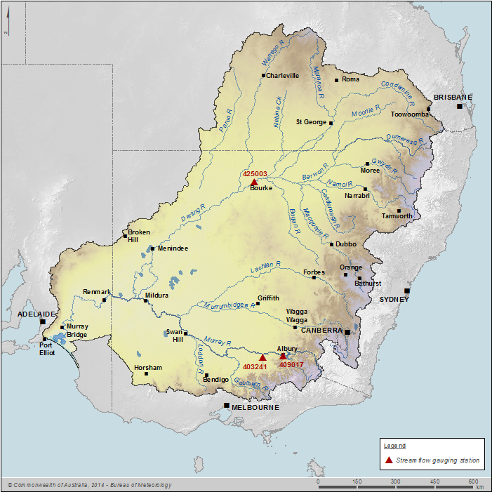 Figure P7 Key streamflow gauging station locations along the main rivers within the Murray–Darling Basin region