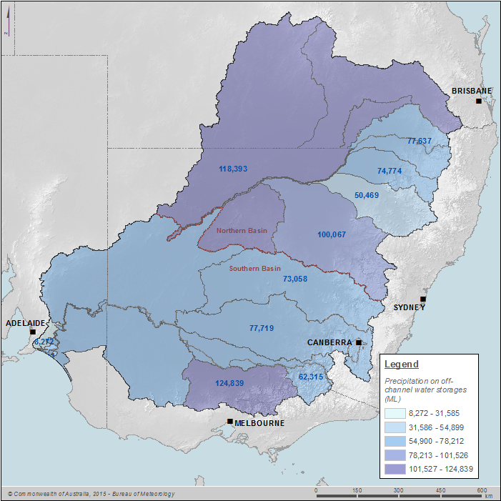Figure 39 Precipitation on off-channel water storages by Surface water resource plan area on 30 June 2014