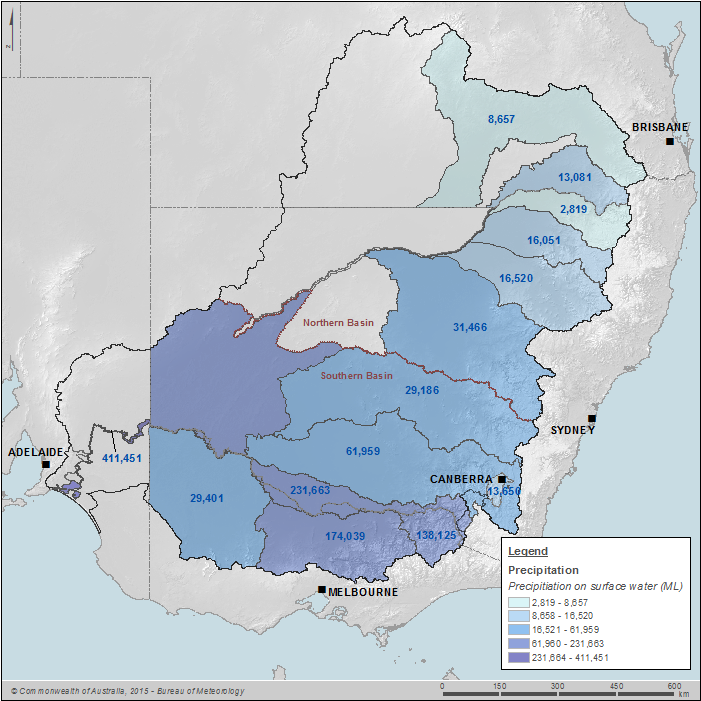 Figure 14 Precipitation on surface water assets by Surface water resource plan area on 30 June 2014