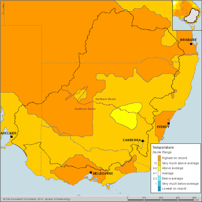 Figure C6 Annual mean temperature deciles for the Murray–Darling Basin region during the 2013–14 year 