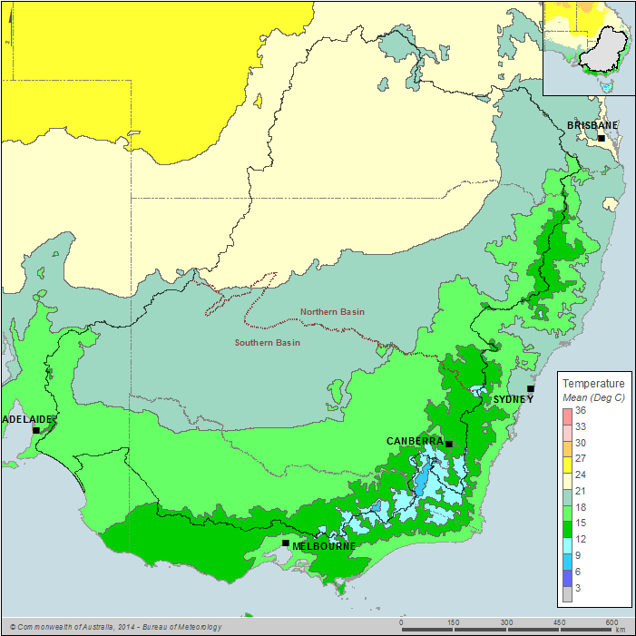 Figure C7 Annual mean temperature for the Murray–Darling Basin region during the 2013–14 year 