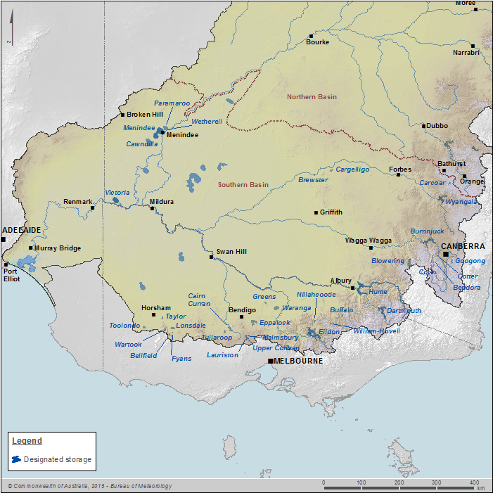 Figure 7 Major storages and towns within MDB region's Southern Basin
