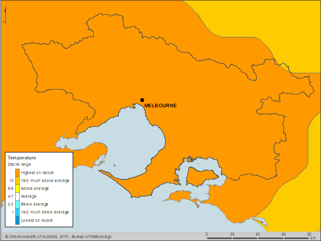 Figure C6 Annual mean temperature deciles for the Melbourne region during the 2013–14 year