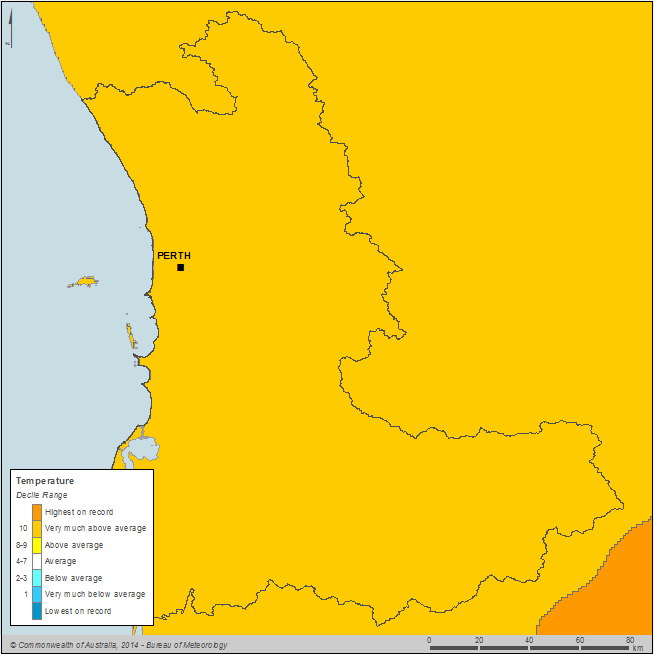 Figure C6 Annual mean temperature deciles for the Perth region during the 2013–14 year