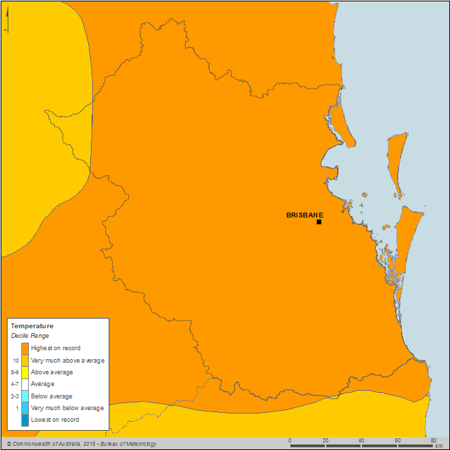 Figure C6 Annual mean temperature deciles for the South East Queensland region during the 2013–14 year