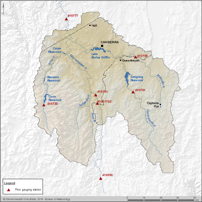 Figure C7 Key flow gauging stations on the Cotter, Molonglo, Queanbeyan, and Murrumbidgee rivers within the Canberra region
