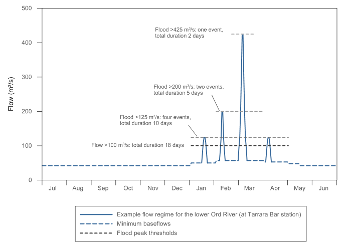 Figure N22  Graph of example water provisions for the lower Ord River; required baseflows and wet season flood events are also shown