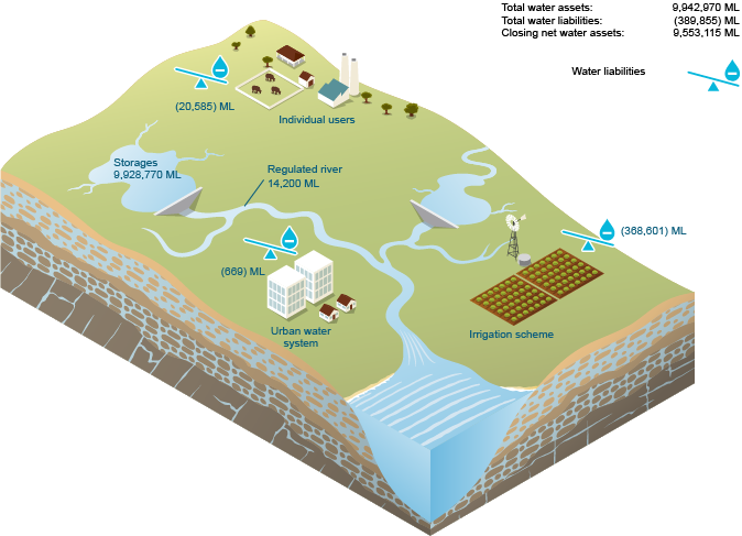 Figure N12 Schematic diagram of surface water assets and surface water liabilities for the region at 30 June 2015