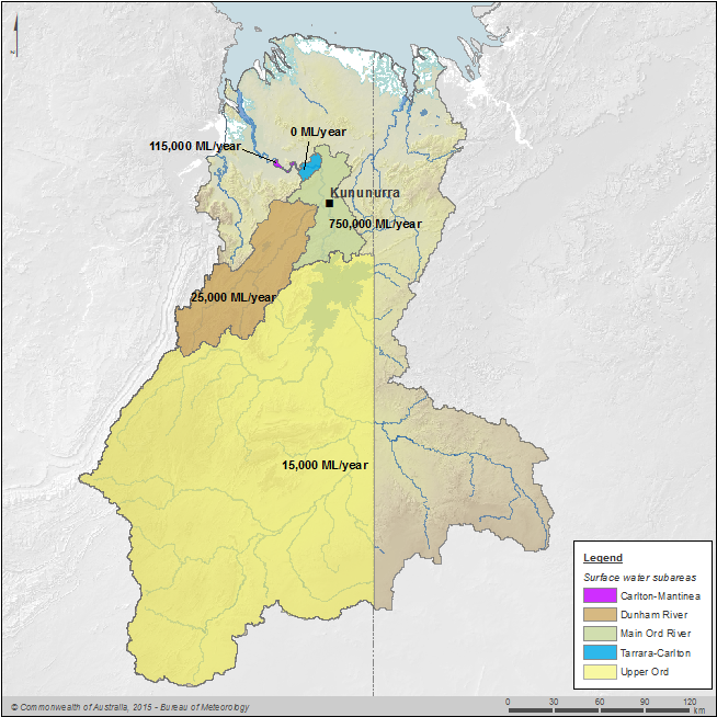 Figure C11  Map of annual water entitlements for surface water resource areas of the Ord region
