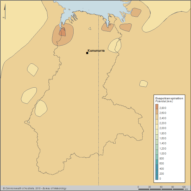 Figure C15  Map of total annual potential evapotranspiration for the Ord region during the 2014–15 year