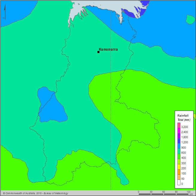 Figure C12  Map of total annual rainfall for the Ord region during the 2014–15 year