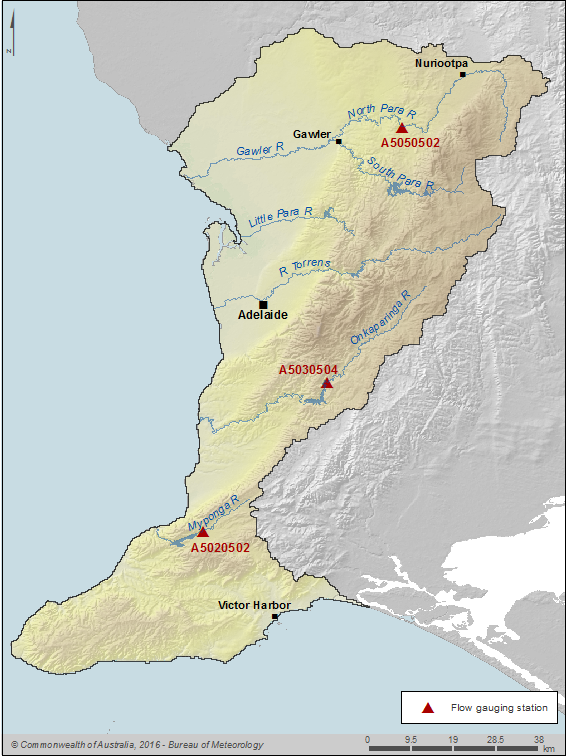 Figure R4 Selected flow gauging stations on the North Para, Onkaparinga and Myponga rivers within the Adelaide region