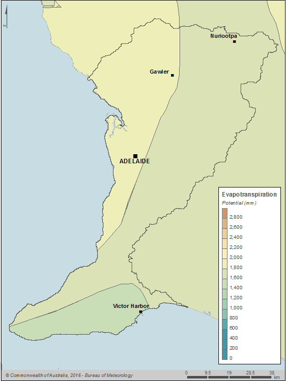 Figure C4  Total annual potential evapotranspiration for the Adelaide region during the 2015–16 year