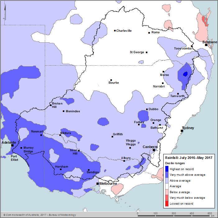 Figure S13 Rainfall deciles for the Murray–Darling Basin region from July 2016–May 2017