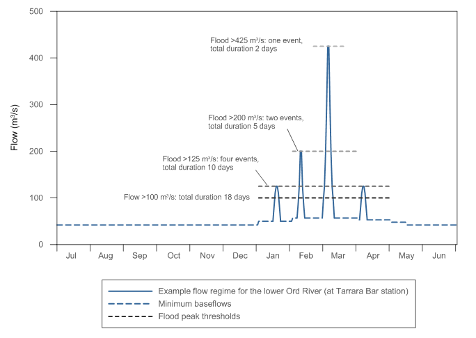 Figure S10  Graph of example water provisions for the lower Ord River; required baseflows and wet season flood events are also shown