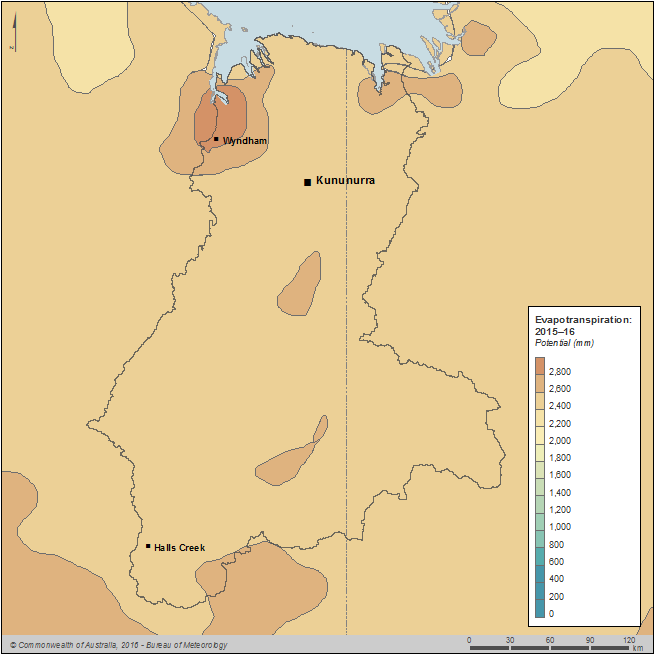 Figure C4  Map of total annual potential evapotranspiration for the Ord region during the 2015–16 year
