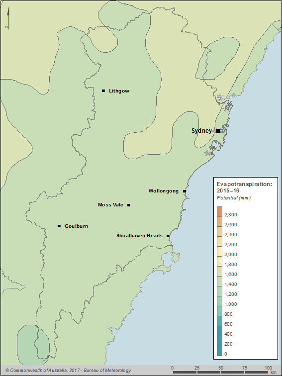 Figure C4 Total annual potential evapotranspiration for the Sydney region during the 2015–16 year