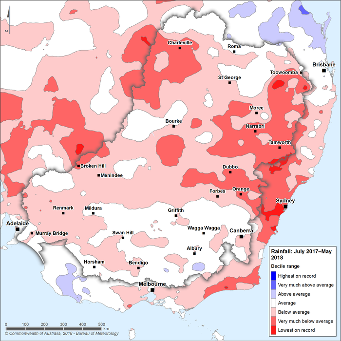 Figure S18 Rainfall deciles for the Murray–Darling Basin region from July 2017–May 2018