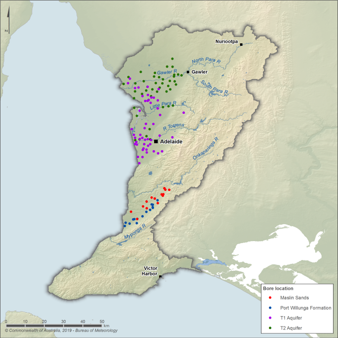 Figure N2 Map showing the location and concentration of bores used to quantify groundwater inflow to and outflow from the region 