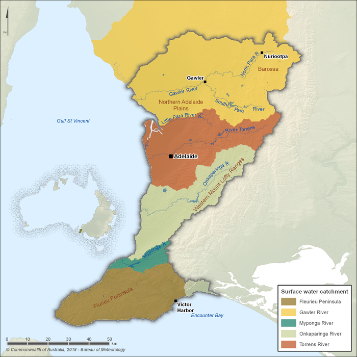 Map showing the key water features of the Adelaide region. The region is physically defined by the Gawler, Torrens, Onkaparinga, Myponga river and Flurieu Peninsula catchments. The city of Adelaide is located near the centre of the region along the Torrens River. Conservation areas across the region include Morialta, Cleland, Moana Sands and Deep Creek.