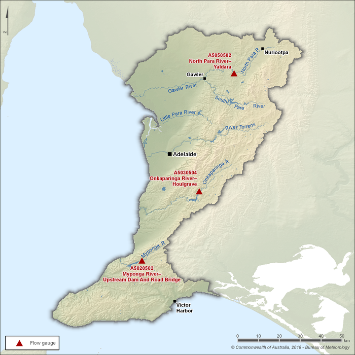 Map showing the locations of key gauging stations along the main rivers within the Adelaide region. North Para River at Yaldara, station number A5050502, is in the northern part of the region near the town of Gawler. Onkaparinga River at Houlgrave, station number A5030504, is in the central part of the region.  Myponga River at upstream dam and road bridge, station number A5020502, is in the south.