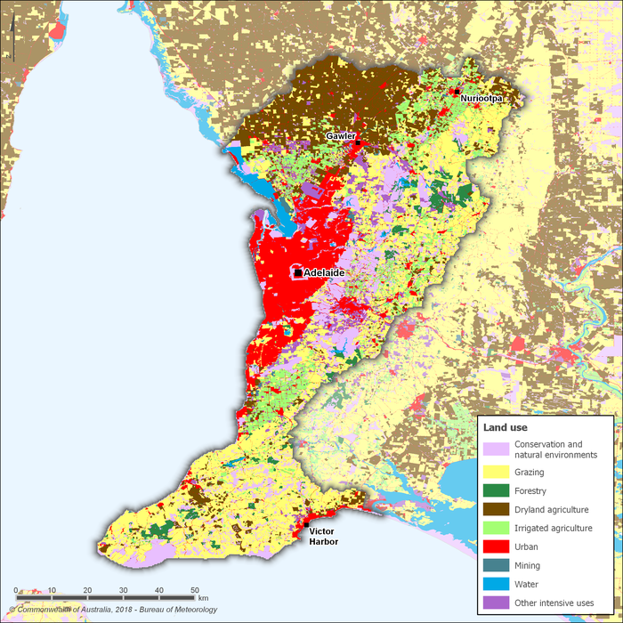 Map showing the distribution and land use types within the Adelaide region. The city of Adelaide is located in the central west of the region. Other towns in the region include Nuriootpa and Gawler in the northeast and Victor Harbor on the south coast. Urban land use is concentrated in the Adelaide metropolitan area.  Key agricultural land uses include grazing in the northeast, east and south of the region, and dryland agriculture in the north. Irrigated agriculture is active throughout most of the region. Conservation and natural environments mostly occurs to the east of the Adelaide metropolitan area.
