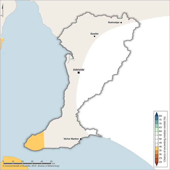 Figure S20 Chance of exceeding median rainfall for the Adelaide region for March–May 2019