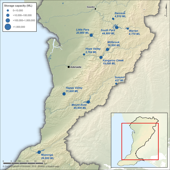 Map showing the locations of major storages within the Adelaide region. Mount Bold Reservoir, located in the Onkaparinga River catchment in the central part of the region, and South Para Reservoir in the South Para River catchment in the northeast, are the region's largest storages with capacities of approximately 46,000 ML and 45,000 ML respectively. The remaining 9 storages, located across the region, provide approximately 100,000 ML in capacity. Barossa and Warren storages are located in the Gawler River catchment, the Torrens River catchment includes Little Para, Millbrook, Hope Valley and Kangaroo Creek storages. Happy Valley and Summit storages are located in the Onkaparinga Catchment and Myponga (the most southerly located storage) is located within the Fleurieu Penninsula.