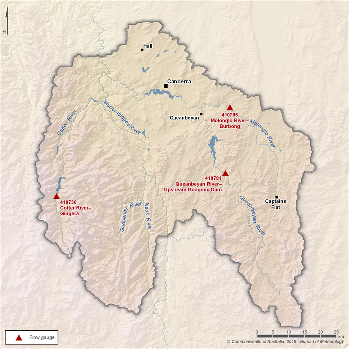 Key flow gauging stations along the main rivers within the Canberra region