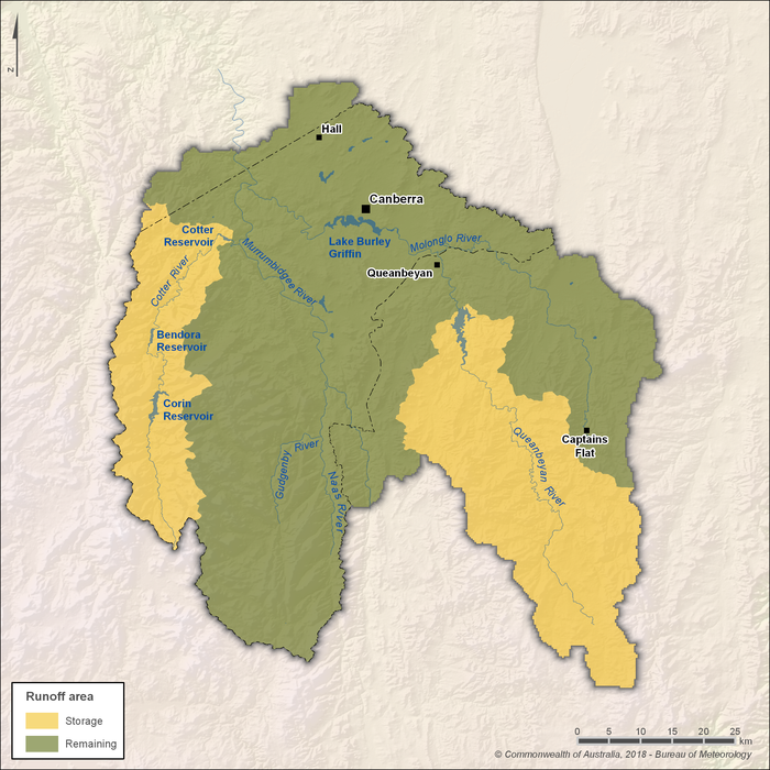 Figure N2Runoff area to storages and modelled area within the Canberra region
