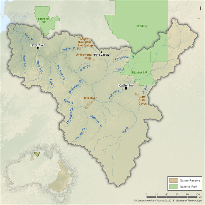 Map showing the key water features of the Daly region. The Daly region is in the Top End of the Northern Territory and its boundary is defined by the Daly River surface water catchment. The major town of Katherine is near the centre of the region along the Katherine River. Other towns in the region include Pine Creek in the north and Daly River in the northwest about 70 km upstream of the mouth of the Daly River. Conservation areas include Nitmiluk National Park and part of Kakadu National Park in the region's northeast, Tjuwaliyn (Douglas) Hot Springs Park and Umbrawarra Gorge Nature Park in the north, and Flora River and Cutta Cutta Caves nature parks in the central part of the region.