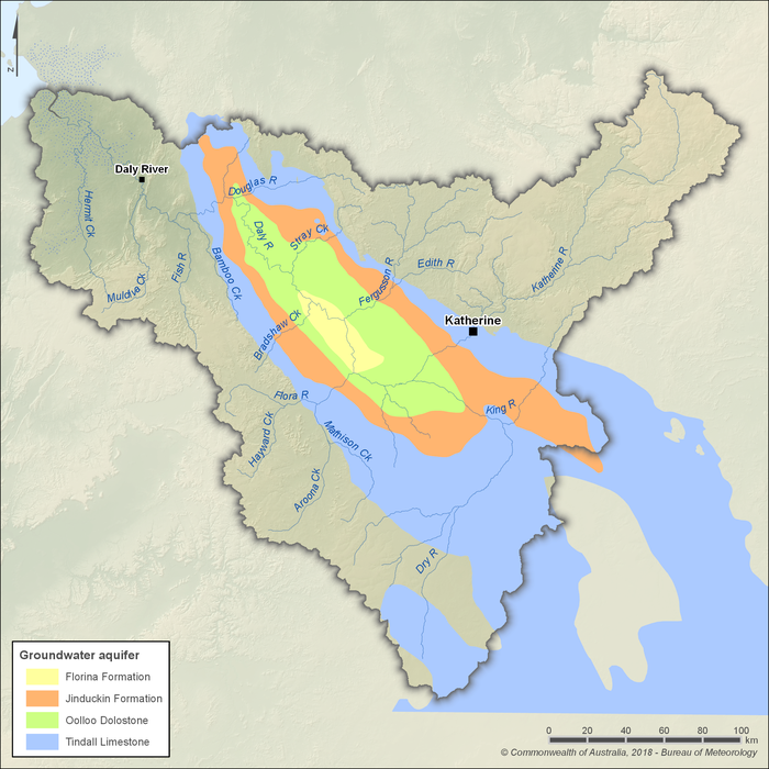 Map showing the locations of the four key groundwater aquifers within the Daly region. The aquifers are layered and are aligned in a northwest direction beneath the main channel of the Daly River. The largest and deepest aquifer is the Tindall Limestone, which extends from the northwest of the region to beyond the southeastern boundary. Above that lies the Jinduckin Formation, which extends from the northwest to the eastern boundary; the Oolloo Dolostone in the central part of the region; and the Florina Formation, the smallest and upper most aquifer in the central part of the region.