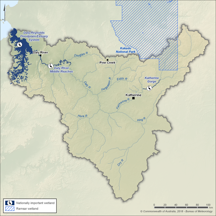 Map showing the locations of significant wetlands within the Daly region. There are three nationally-important wetlands in the region: Katherine Gorge, a 40 km reach of the Katherine River that lies within Nitmiluk National Park in the regions' northeast; Daly-Reynolds Floodplain-Estuary System in the northwest that encompasses the coastal floodplain area around the mouth of the Daly River; and Daly River Middle Reaches, about a 60 km reach of the Daly River upstream of the coastal floodplain. The southern-most part of the Ramsar-listed Kakadu National Park lies within the northeastern part of the region upstream of Katherine Gorge.