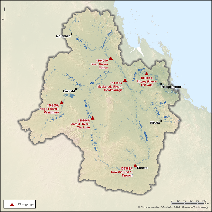 Map showing the locations of key gauging stations along the main rivers within the Fitzroy region. Nogoa River at Craigmore, station number 130209A, approximately 40km upstream of Fairbairn dam. Comet River at The Lake, station number 130506A. Towards the southern boundary Dawson River at Taroom, station number 130209A. In the northern portion of the region, Isaac River at Yatton, station number 130401A and within 100km to the west of Rockhampton, Mackenzie River at Coolmaringa, station number 130105A and Fitzroy River at The Gap station number 130005A.