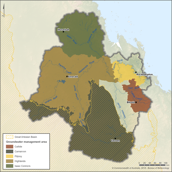 Map showing the locations of the five key groundwater management areas within the Fitzroy region. The Highlands management area is the largest area, occupying the central west portion of the region. Carnarvon covers the southern extent of the region around Taroom and two smaller management areas Callide and Fitzroy, are located close to Biloela and Rockhampton respectively. The northern extent of the Fitzroy region is occupied by the Isaac Connors management area. In addition, the southern part of the region is underlain by the Great Artesian basin, the extent of which largely correlates with the boundary of the Carnarvon groundwater management area.
