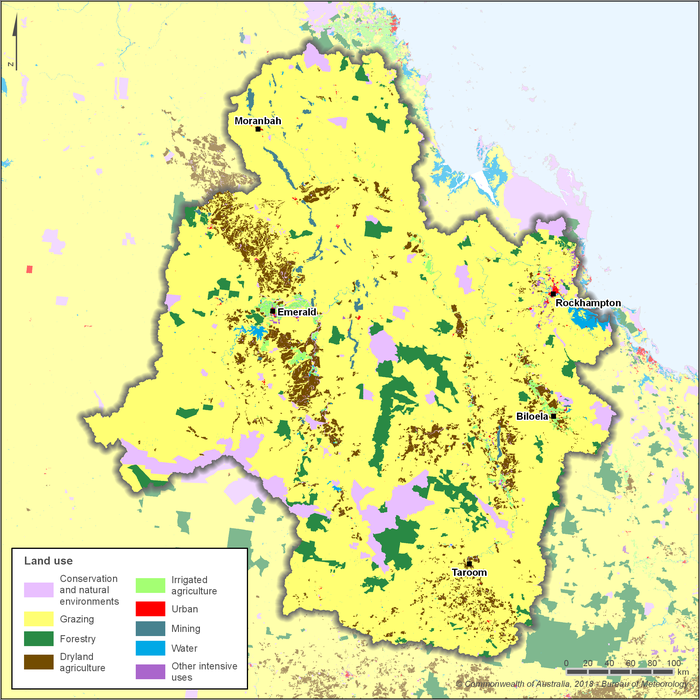 Map showing the distribution and land use types within the Fitzroy region. Populated areas are spread around the region and include the city of Rockhampton and the larger townships of Charters Towers, Emerald, Biloela, Taroom and Moranbah. The main land uses include grazing, forestry, dryland agriculture and conservation and natural environments. Irrigated agriculture is of significant importance in the areas surrounding Emerald and Biloela.