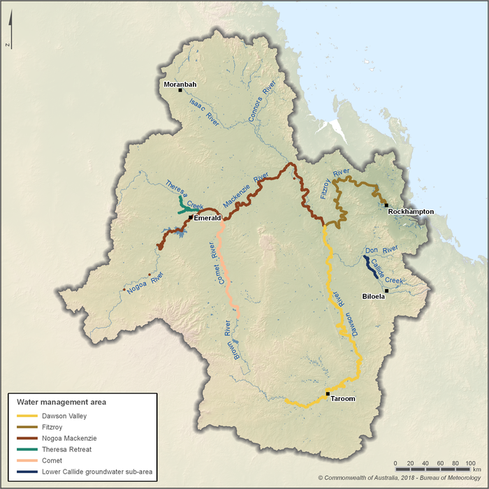 Map showing the locations of five key unsupplemented water management areas within the Fitzroy region. The areas include Dawson Valley, Nogoa Mackenzie, Comet, Fitzroy, Lower Callide Groundwater sub-area and Theresa Retreat. The southern half of the region includes the Comet River management area the extends northerly to Emerald and the Dawson River that intersects Taroom and extends northerly, linking up with the Nogoa and Fitzroy management areas. The Callide scheme is situated approximately 20km's from Biloela. The Fitzroy, Mackenzie and Theresa Schemes form a westerly succession of water management areas inland from Rockhampton.