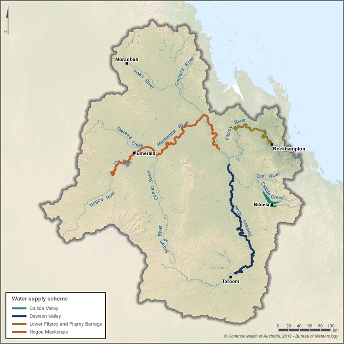 Map showing the locations of four water supply schemes within the Fitzroy region. The Nogoa Mackenzie scheme includes Fairbairn dam, the most significant surface water storage area in the region. The Dawson valley scheme is located approximately 20km from Taroom and occupies approximately 250km of the Dawson river. The Callide valley scheme supplies various users and the township of Biloela. Rockhampton is served by the Lower Fitzroy and Fitzroy Bridge schemes that occupy a 100km stretch of the Fitzroy river, north west of Rockhampton.