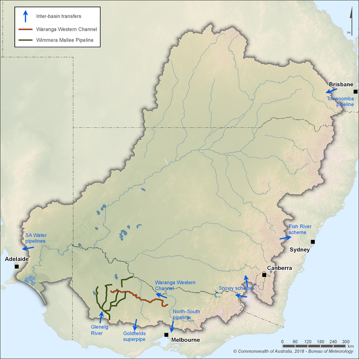 Figure R8 Water transfers into, out of and between catchments within the Murray–Darling Basin region