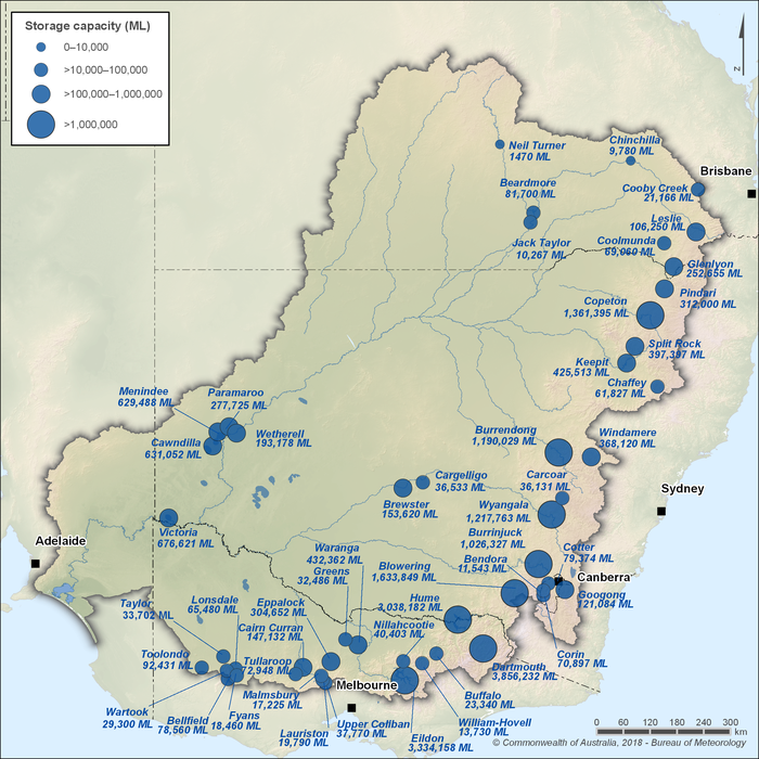 Figure R5 Major storages in the Murray–Darling Basin region; capacity of each storage is also shown