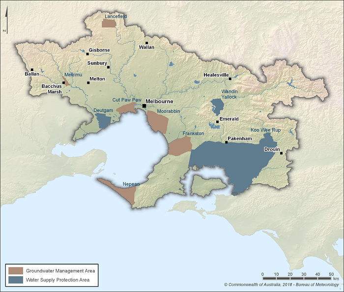 Map showing the locations of groundwater management areas within the Melbourne region. There are six groundwater management areas in the region. Lancefield and Merrimu are in the northwest.  Cut Paw Paw, Moorabbin, Frankston, and Nepean are along the coast in the central and southern parts of the region. There are three water supply protection areas in the region. Deutgam is in the southwest.  Wandin Yallock is in the northeast. Koo Wee Rup occupies a large area in the  southeast.