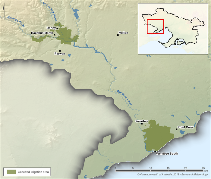 Map showing the irrigation areas within the Melbourne region. There are two gazetted irrigation areas in the region, located in the region's west and southwest. The Werribee Irrigation District is located along the coast on the eastern side of the Werribee River. The Bacchus Marsh Irrigation District is, located approximately 40 km northwest of the Werribee Irrigation District around the confluence of the Werribee and Lerderderg rivers.