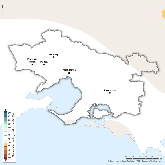 Figure S20 Chance of exceeding median rainfall for the Melbourne region for February–April 2019