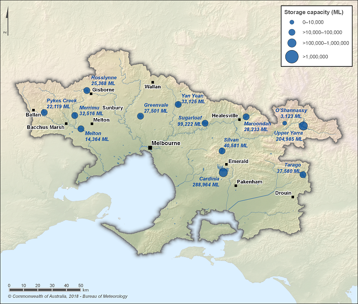 Figure R4 Surface water storages in the Melbourne region; capacity of each storage is also shown